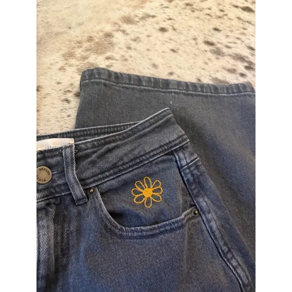 Sezane Black Wash Wide Leg Jeans Flower Embroidered Size 36 US 4 - Image 3