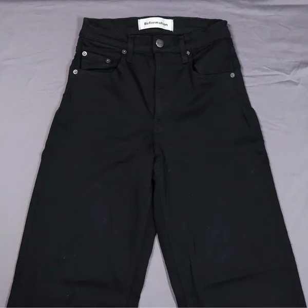 Reformation Stretch Flood Jeans Women 24 Black High Rise Wide Leg Raw Hem Denim‎ - Image 5