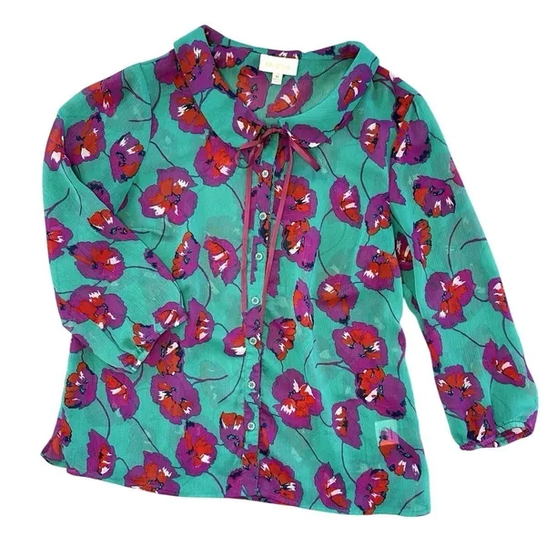 ModCloth Floral Blouse Size‎ Medium Peter Pan Collar Bow Chiffon Artsy Teacher - Image 7