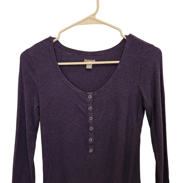 Aerie Navy Blue Knit Rib Long Sleeve Snap Front Classic Henley Bodysuit Medium - Image 3
