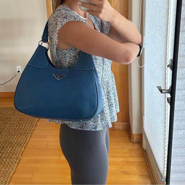 ADDITIONAL PHOTOS Prada Vitello Daino Moon Shoulder Bag Blue Leather Silver - Image 15