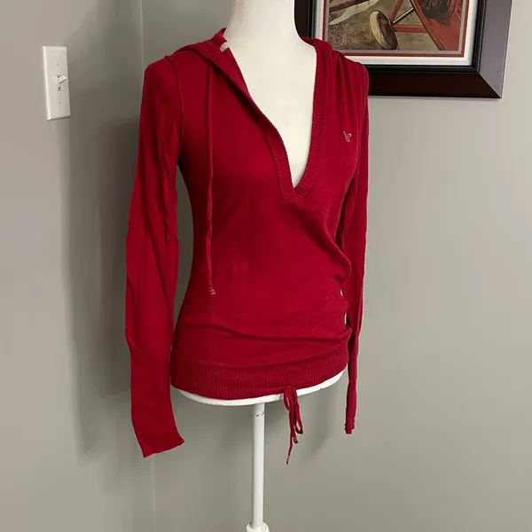 AMERICAN EAGLE Angora Blend Red Hooded sweater Y2K 90s drawstring medium - Image 2
