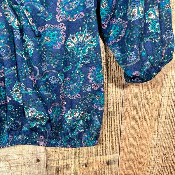 Blue Purple Paisley Peasant Blouse 3/4 Sleeve Boho Top Cottagecore Elastic Hem - Image 2