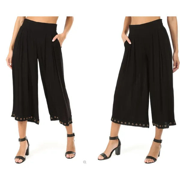 MISA Los Angeles KOVA Cropped Pants‎ XS Black Rayon Wide Leg Grommet Hem* - Image 2