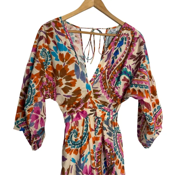 Zara Blogger Favorite Colorful Paisley Tiered Knotted Cotton Resort Midi Dress - Image 2