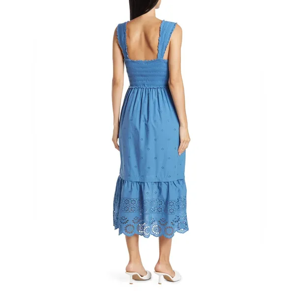Betsey Johnson Smocked Embroidered Eyelet Midi Dress in Federal Blue, Size XL - Image 2