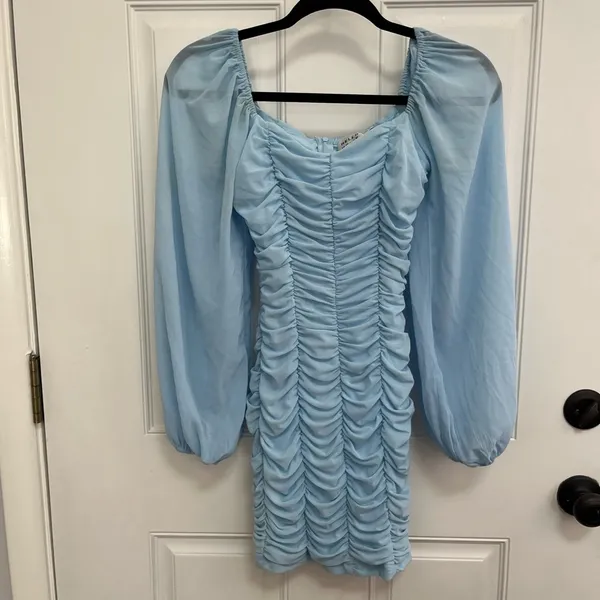 Hello Molly ruched front dress‎ puff sheer sleeves light blue size 4 - Image 2