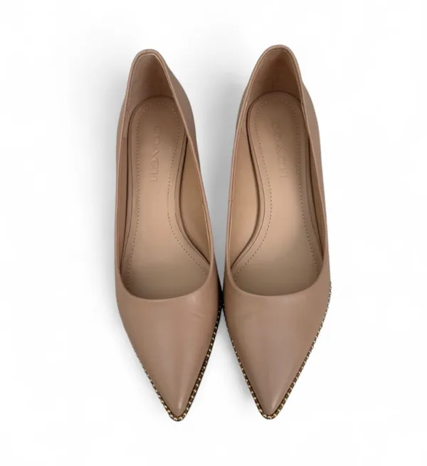 Coach Pointed Low Block Heel Pumps in Tan with Beaded Trim - Image 2