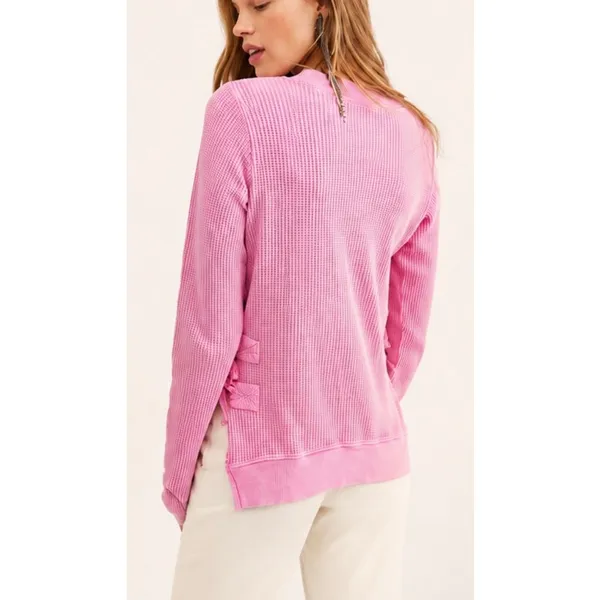 Free People FP One Interlaken Thermal Top Pink Cropped Lace-Up Sides Boho L - Image 2