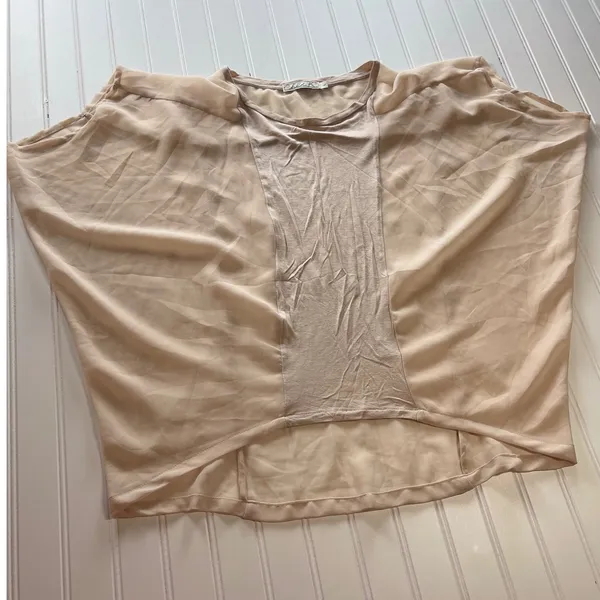 Chloe‎ K Womens Mixed Media High Low Top Beige Tan Dolman Short Sleeve Large - Image 3