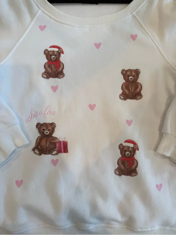 White Fox Boutique Off-Shoulder White Sweater with Teddy Bear Print - Image 4