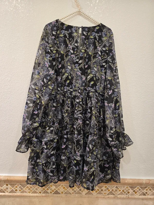 Mini Lurex Chiffon Tiered Dress Floral Black 2X NWT - Image 4