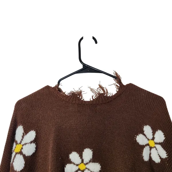 Just Polly New York Brown Daisy Floral Knit Frayed Hem Pullover Sweater Large - Image 9