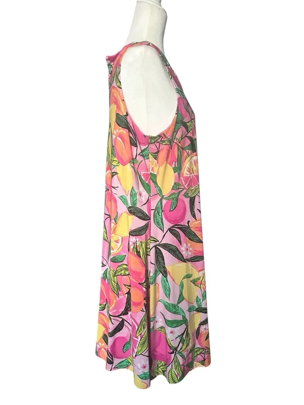 Pappagallo Gwen Peachy Keen Vibrant Summer Pink Tropical Fruit Swing Dress L - Image 4