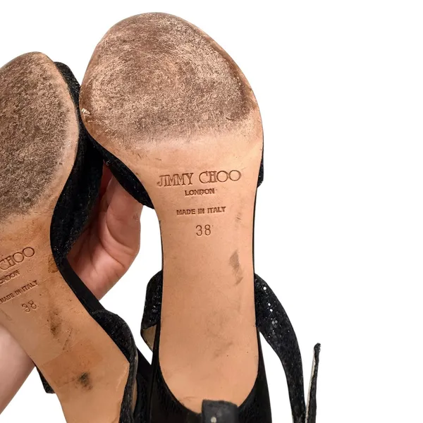 Jimmy Choo 41261 Black Glitter Peep Toe Slingback Heels Stiletto Italy Size 38‎ - Image 6