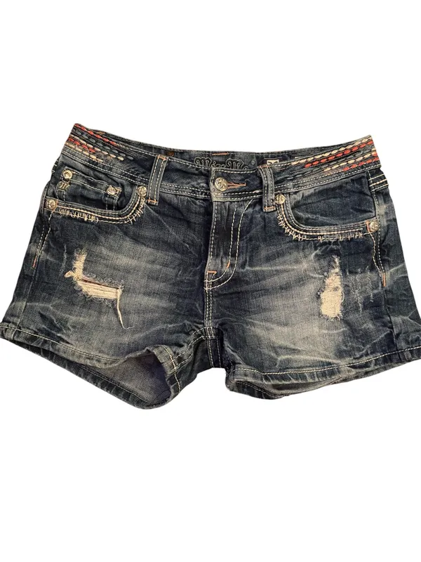 Miss Me Y2K Distressed Denim Shorts Size 30- Embroidered Waistband- EUC Vintage - Image 2