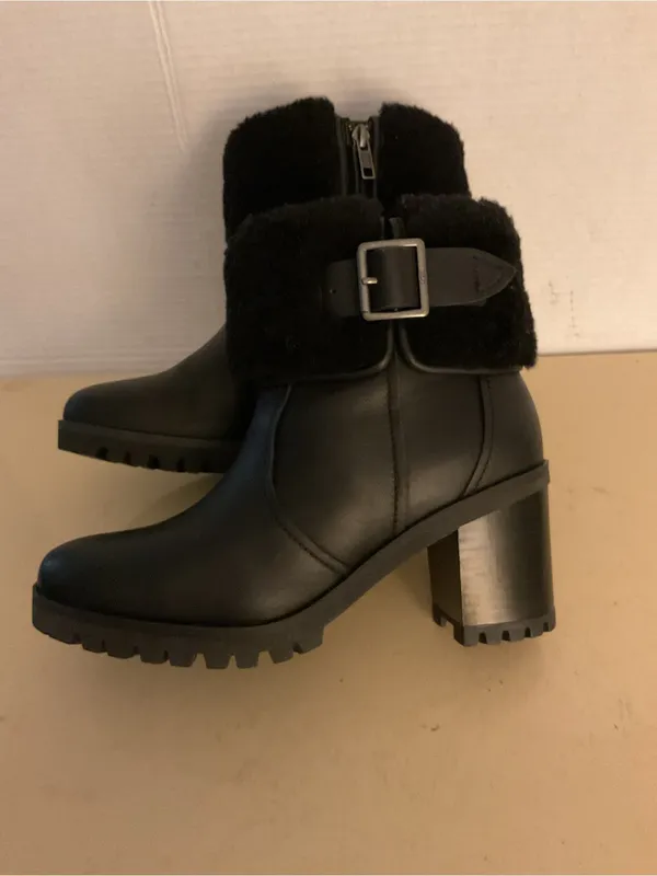 UGG women Black leather shearling platform waterproof heel boots US 7.5 - Image 4