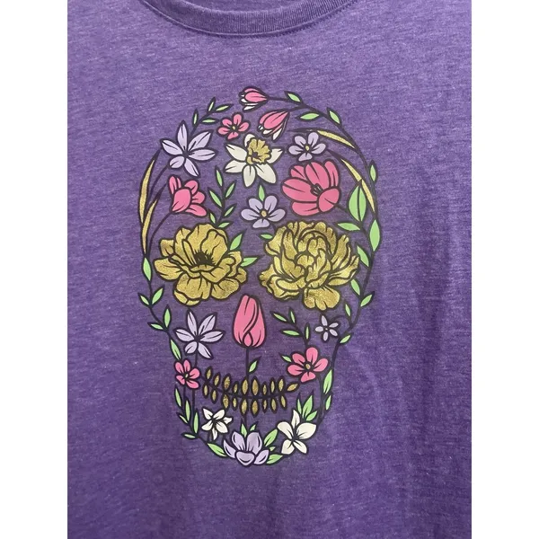 Womens Celebrate Halloween Purple Short Sleeve Shirt Flower Skull Face Size XL - Image 2