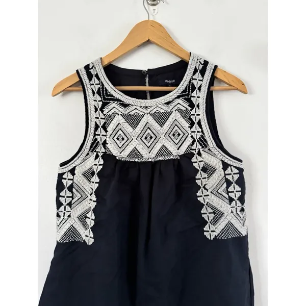 Madewell Navy Blue Linen Blend Aztec Embroidered Knee Length Dress Size Small - Image 5