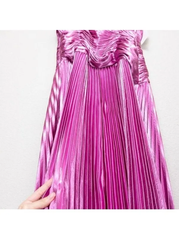 NWT AiiFOS Vera Pleated Metallic Gown 8 Pink Magenta Plisse Ruched Slit Formal - Image 11