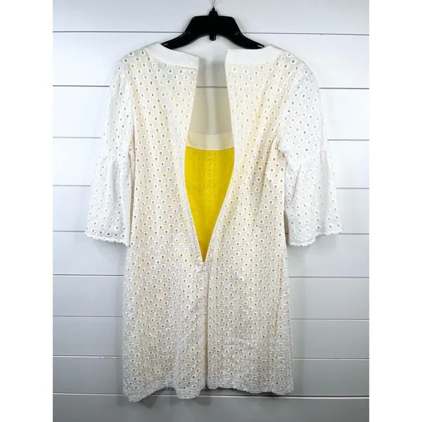Trina Turk White Eyelet Bell Sleeve A-Line Dress Size 8 Yellow Lining Cotton - Image 10