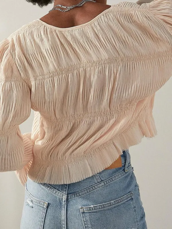 Urban Outfitters Pleated V-Neck Button Blouse in Light Blush - Image 3
