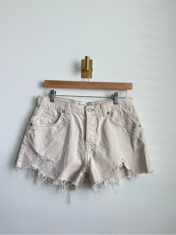 Free People We The Free Now Or Never Denim Shorts Distressed Raw Hem Tan 28 - Image 6