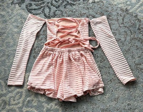 Lucy In The Sky Off Shoulder Long Sleeve Lace Up Romper Pink Small - Image 4