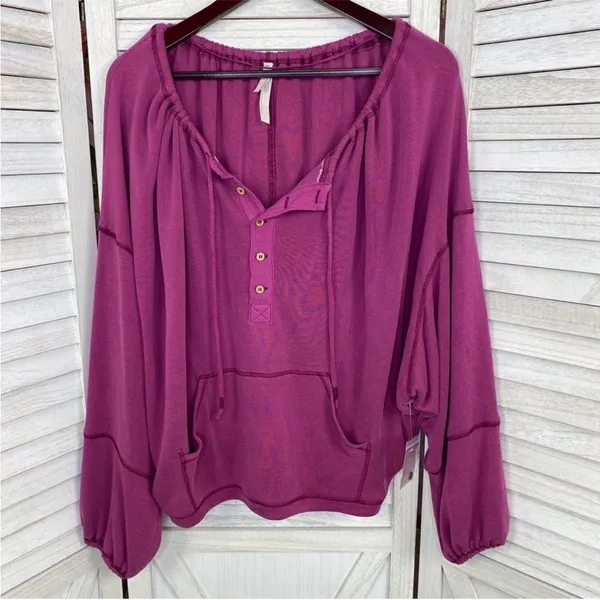 Free People Movement Surfs Up Oversized‎ Shirt Pocket Pullover Slouchy Knit Pink - Image 9