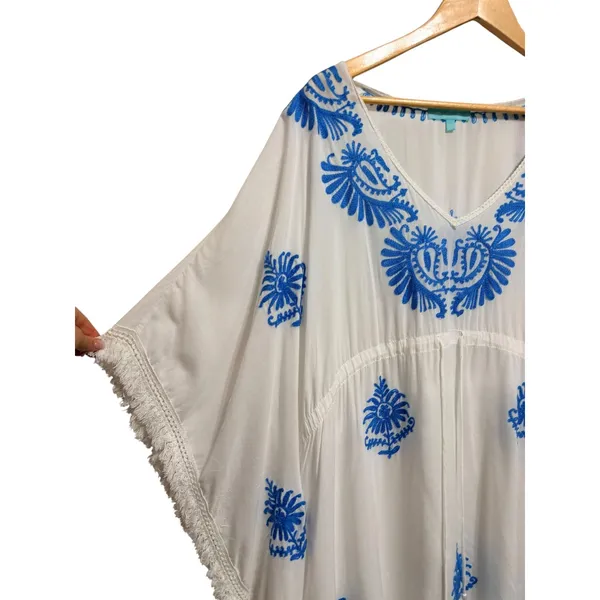 Melissa Odabash Irene Embroidered‎ Rayon Kaftan White Blue Fringe OS - Image 3