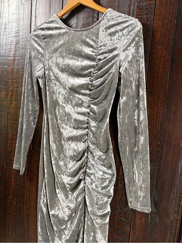 Future Collective Silver Ruched Velvet Long Sleeve Midi Dress - Image 4