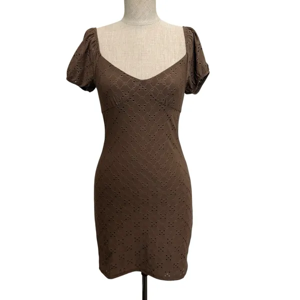 Y2K M Medium Babydoll Dress Eyelet Lace Coquette Fairy Ambiance Romantic‎ Brown - Image 2