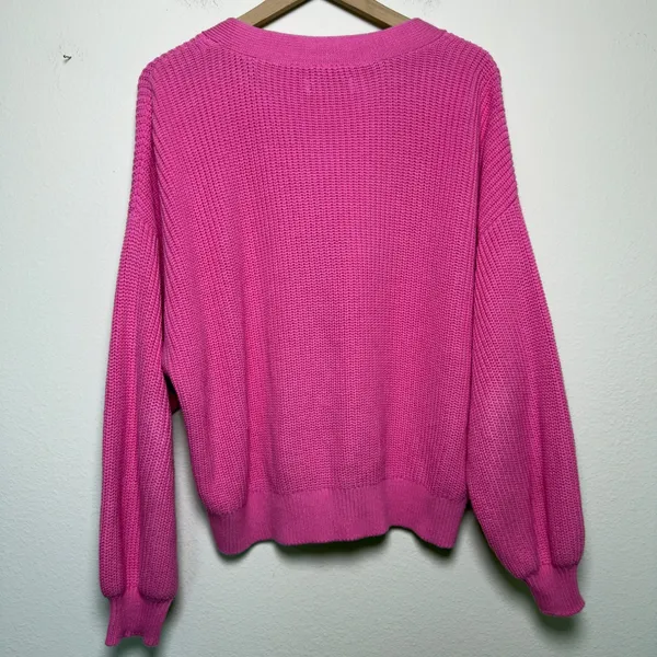 LOFT Women 100% Cotton Cardigan Sweater XL‎ Pink Front Balloon Sleeve Chunky - Image 6