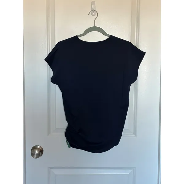 Halara Navy Blue Short Sleeve V-Neck Ruched Faux Wrap Top Small NWT - Image 3