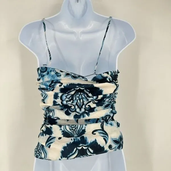 NWT Zara XS Floral Printed Ruched Cami‎ Tank Top Y2K Inspired THE OC White Blue - Image 7