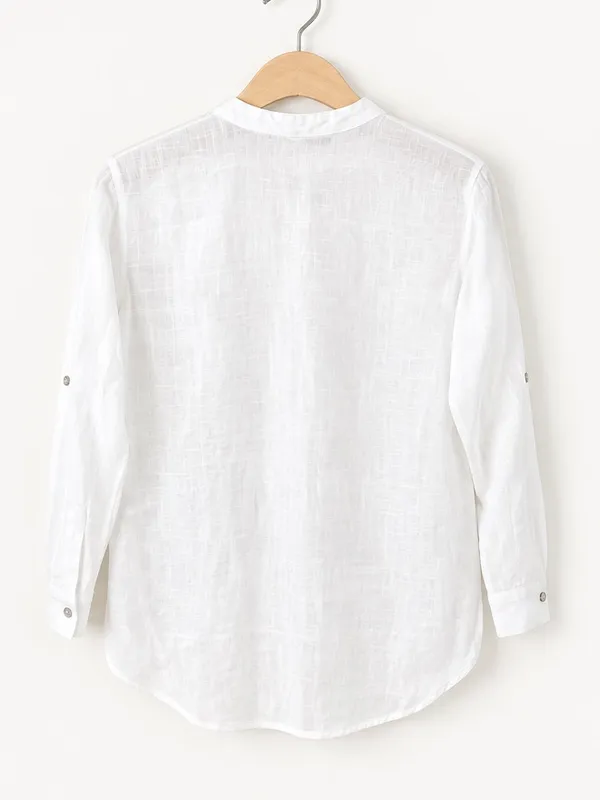 Zara 100% Linen Oversized White V-Neck Button Down Blouse XS Mandarin Collar - Image 5