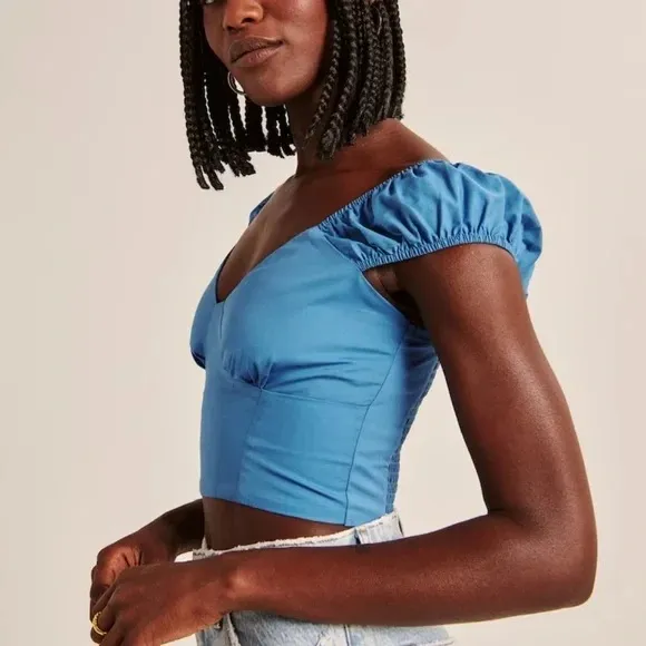 Abercrombie & Fitch Cap Sleeve Poplin Crop Top Women’s Small Royal Blue Smocked - Image 2