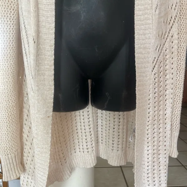 Roxy Long Open Front Cardigan - beige- Long Sleeve - Open Knit - Size M - Image 3