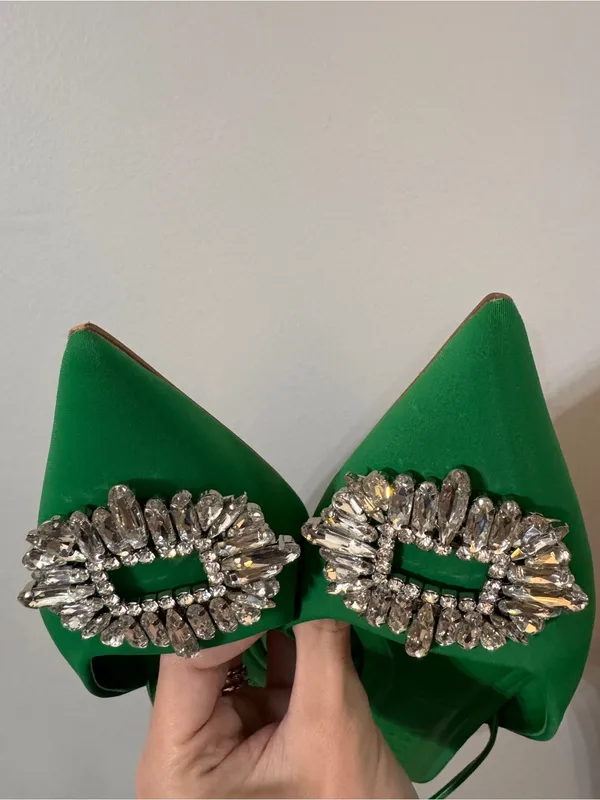 Zara Kelly Green Satin Slingback Flats Sparkle Crystal Gem 40 Pointed Toe - Image 4