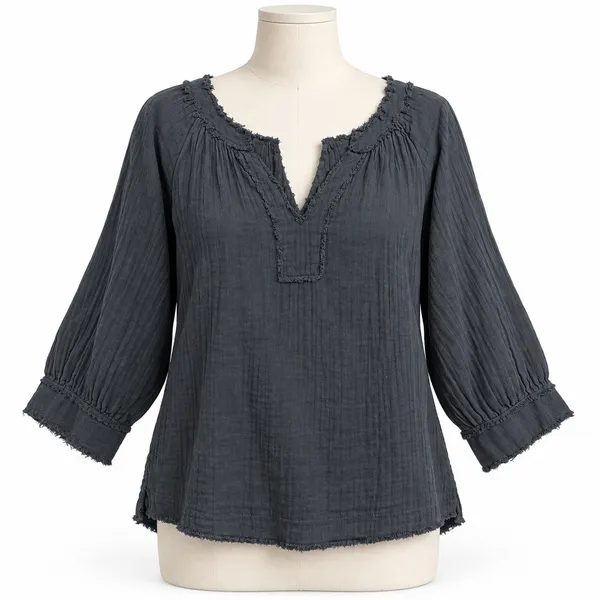 Natural Life Size M Top Robyn Double Gauze Cotton Fringe Split Neck Boho Blouse - Image 2