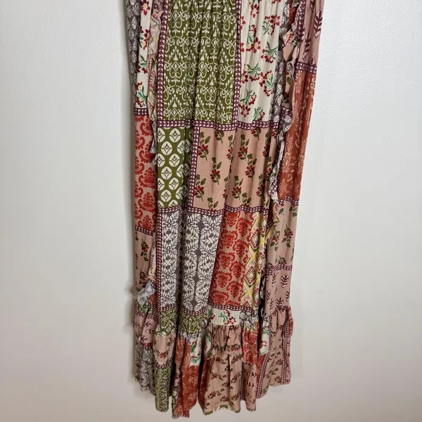 Anthropologie ATL The Label Dress Gypsiana ruffle ladies M Pink Boho Patchwork Maxi Rayon - Image 5