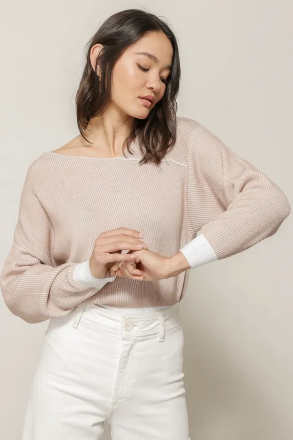 Line & Dot Favorite Off the Shoulder Sweater in Ivory &Taupe XS - Image 4
