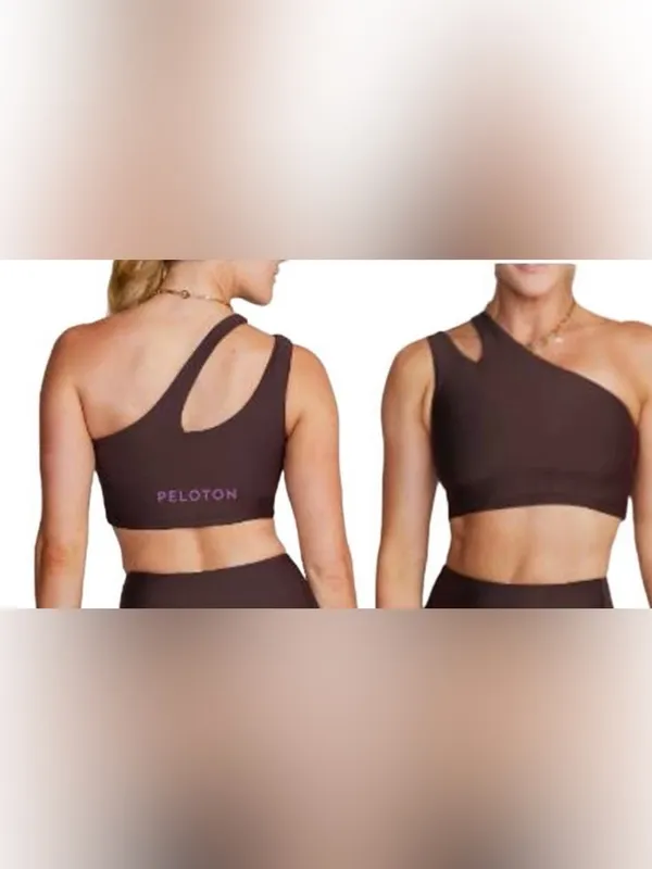PELOTON Women's Chocolate Brown Asymmetric Cropped Sports Bra with Purple Logo - Image 10