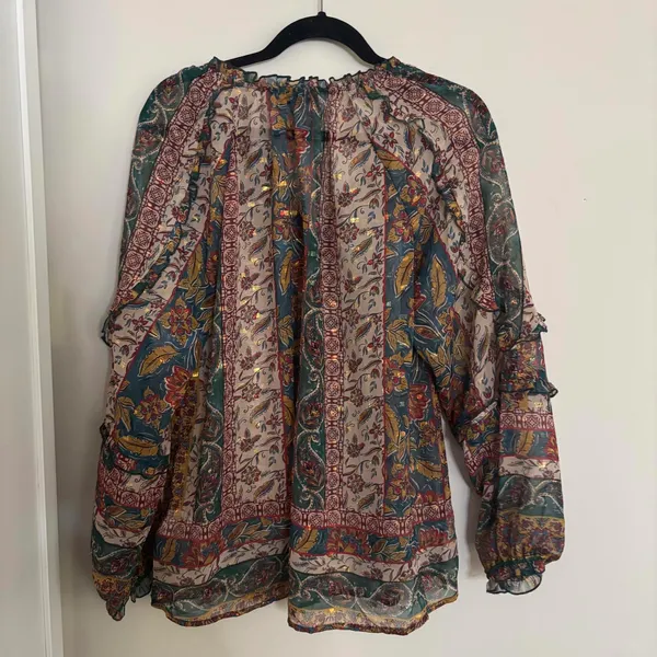 Democracy floral BoHo printed metallic thread sheer peasant blouse tunic - Image 9