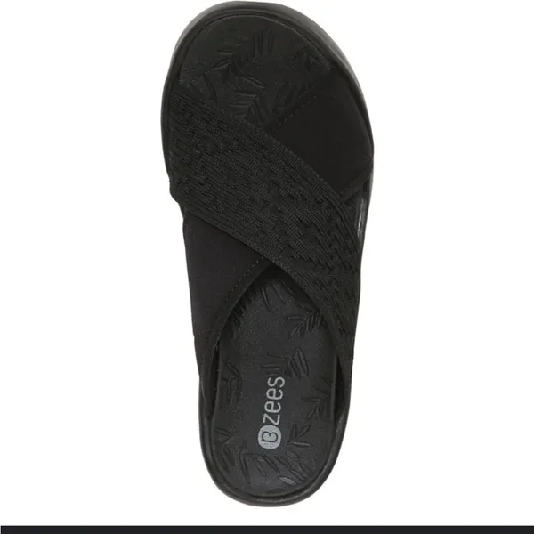 Bzees Women's Black Wedge Sandals 10M Comfort Slides Crisscross Straps Casual - Image 4