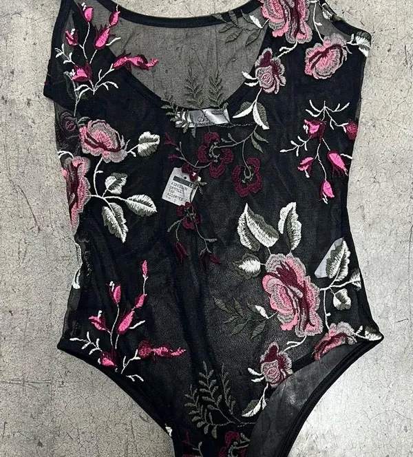 AZ Design floral embroidered black mesh thong bodysuit - Image 3