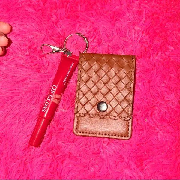 Free People Brown Woven Key Card Holder with Red Lip Gloss Charm - Image 2