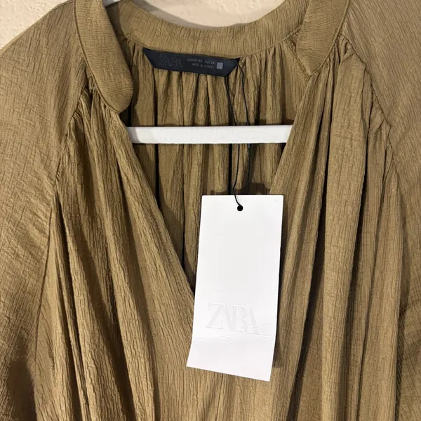 Zara Dress Womens Sz XS Khaki Olive Midi Pleated Tie Waist Contemprorary Beachy - Image 7