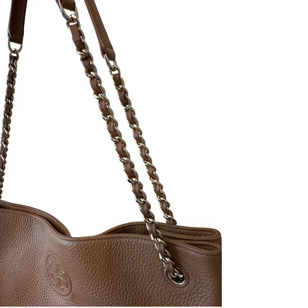 Tory Burch Pebbled Leather Chain Tote‎ Brown Camel Slouchy Bag - Image 11