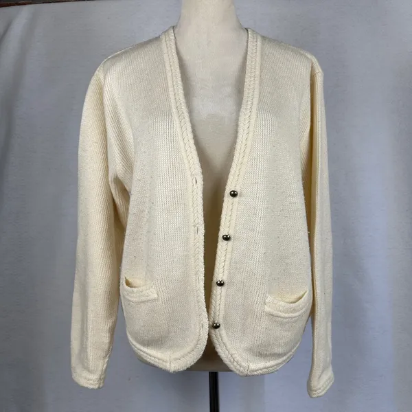 Karen Scott Cream Wool Blend Cardigan Sweater Womens Knit Button‎ Front Pockets - Image 6